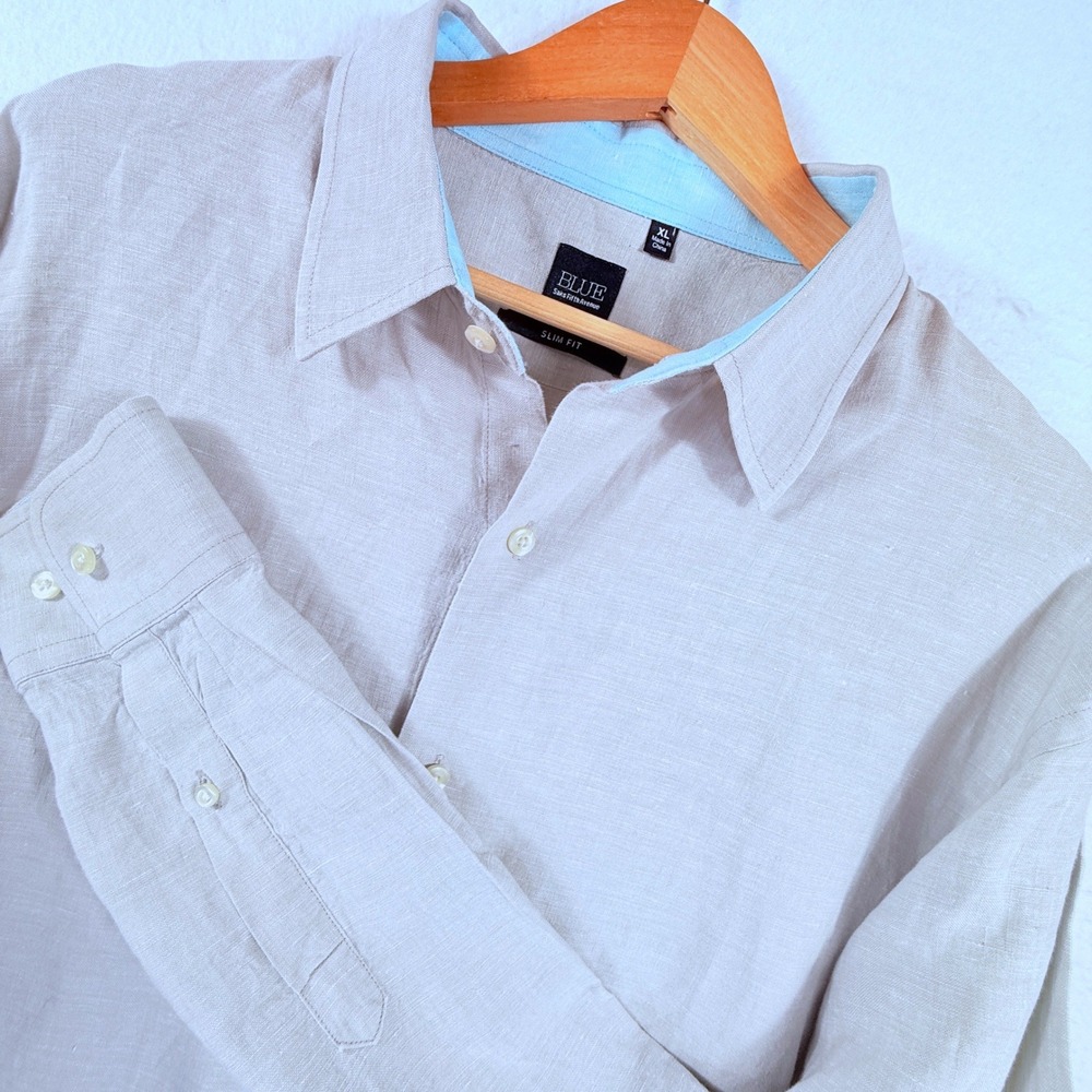 Blue Saks Fifth Avenue Button Down Mens XL Grey Linen Roll Tab Slim Fit Coastal